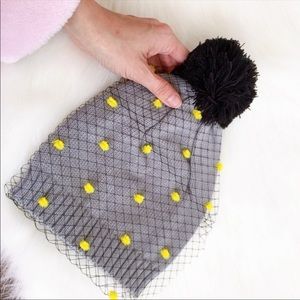 Black mesh yellow pompom gray beanie winter hat
